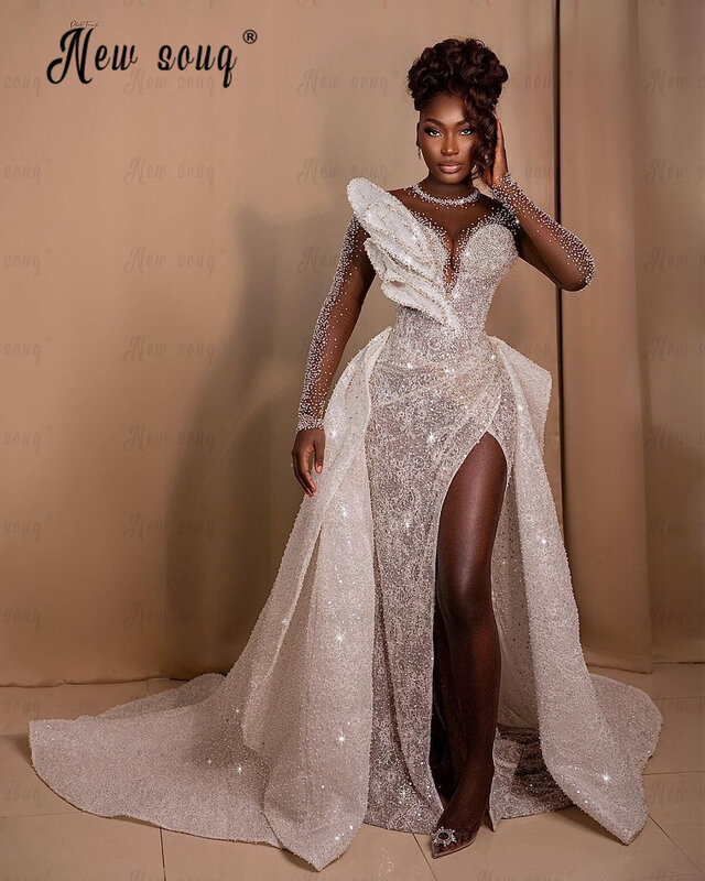Vestido de noiva africano com fenda lateral frisada para mulheres, design folha, trem destacável, vestidos de noiva de Dubai, luxo, 2023