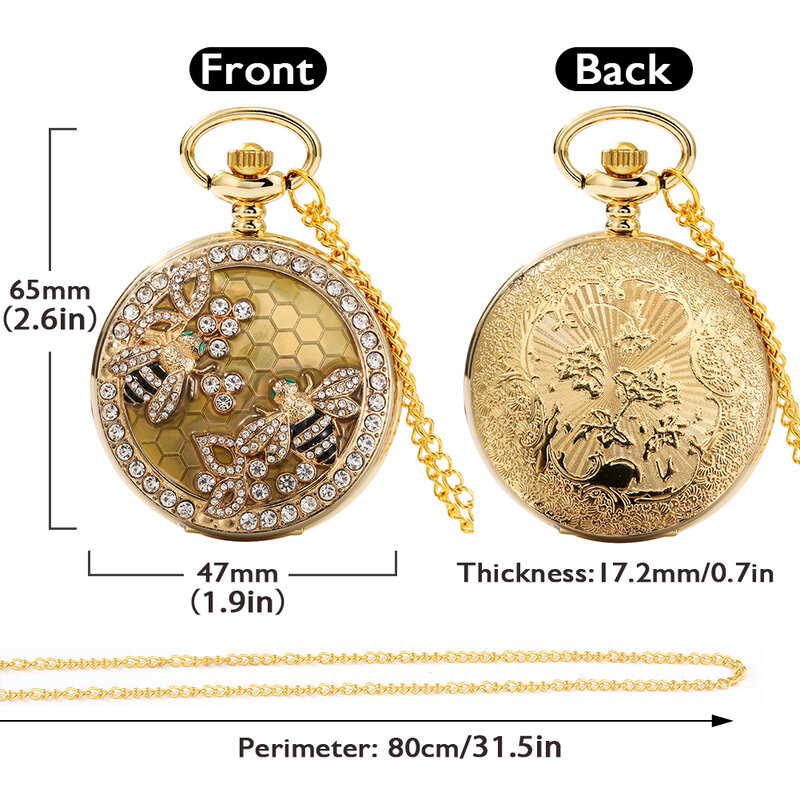 Montre de poche en forme d'abeille avec strass pour femmes, collier de luxe décoré de chiffres arabes, Quartz, pendentif élégant, doré, cadeaux pour dames