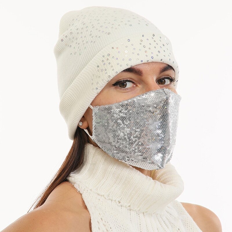 Unisex 2 chiếc Mũ len có dây buộc bằng vải dệt kim lấp lánh với bộ mặt nạ