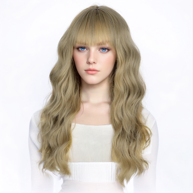 Wig jahe panjang sintetis besar bergelombang keriting wig 22 inci dengan wig poni tanpa lem lolita rambut palsu cosplay wig wanita rambut alami
