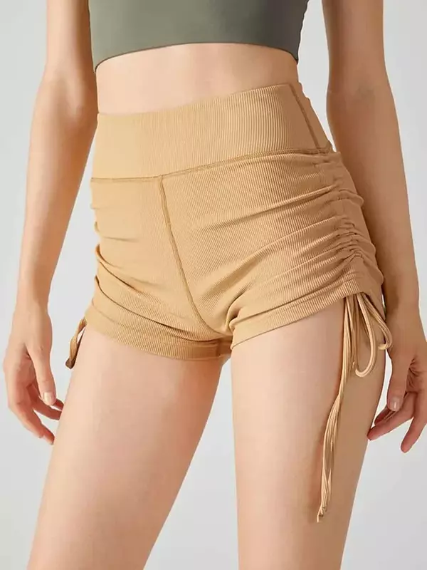 Спортивные горячие брюки для фитнеса женские обтягивающие шорты с высокой талией телесного цвета для бега персиковые шорты штаны для йоги на шнурке