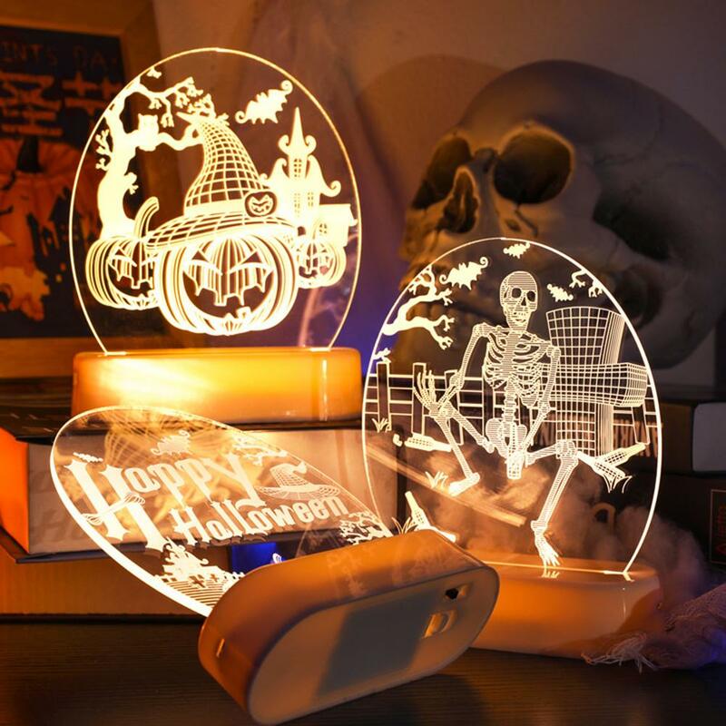 Luz de noche de Halloween colorida, lámpara de escritorio de ilusión acrílica 3D, calavera de calabaza, adornos de fiesta de luz decorativa de Halloween