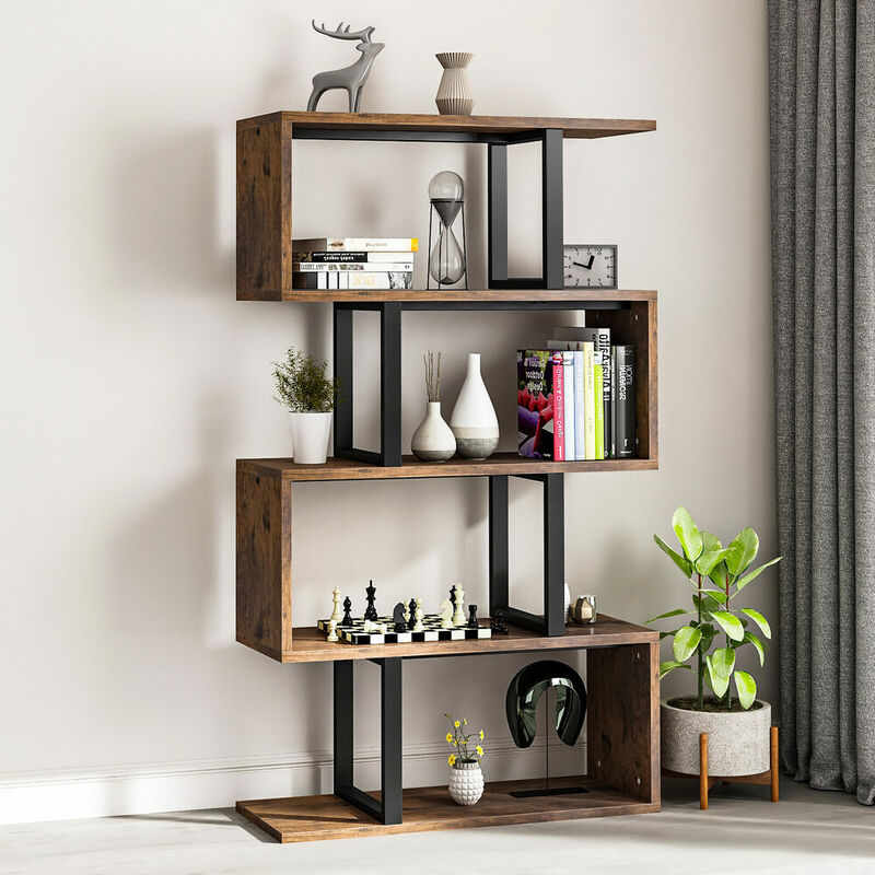 5 Tier Bookcase Wooden S-Shaped Z-Shelf Bookshelf Display Rack Storage Shelf Bookshelf  Cube Shelf