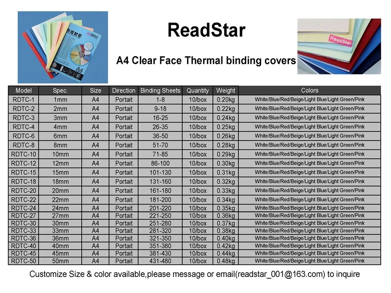 10PCS/BAG ReadStar clear face Light Blue bottom thermal binding cover A4 1-50mm(1-180sheets) Transparent binding cover