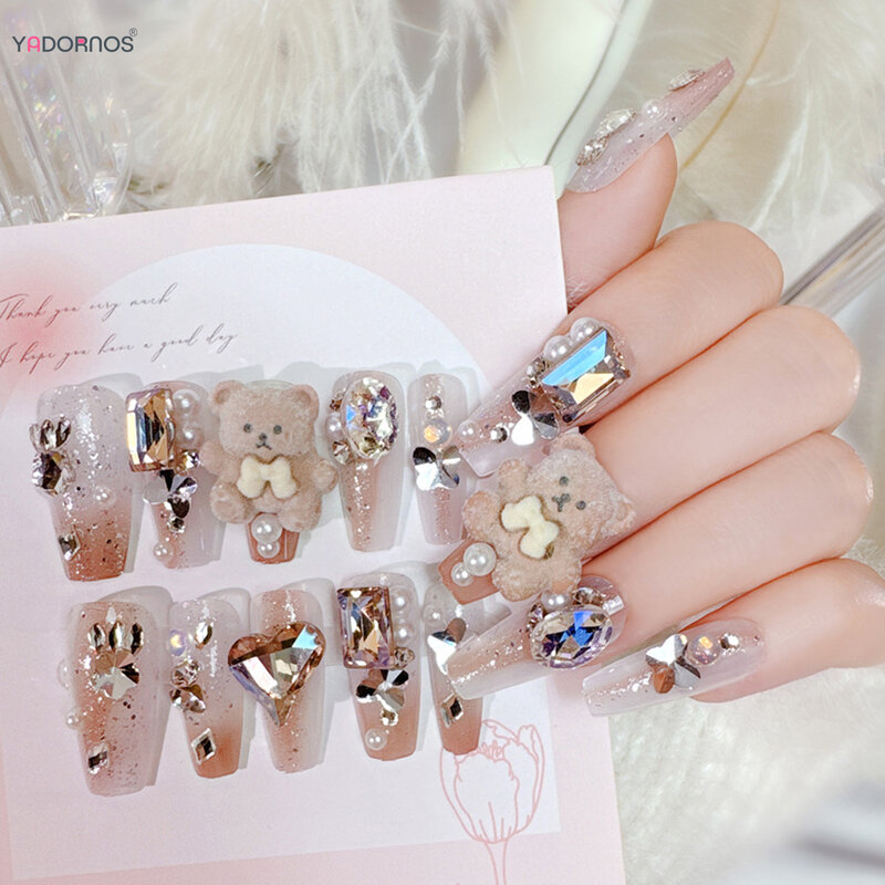 Long Coffin Press on Nails with Cartoon Bear Rhinestone Designed Glitter Fake Nails Wearable Reusable False Nails Tips for Girls