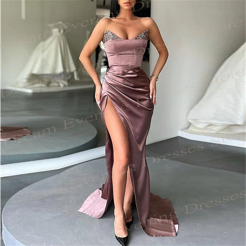 2024 Simple Generous Women's Mermaid Graceful Evening Dresses Sexy Strapless Sleeveless Shiny Prom Gowns High Slit Vestido Festa