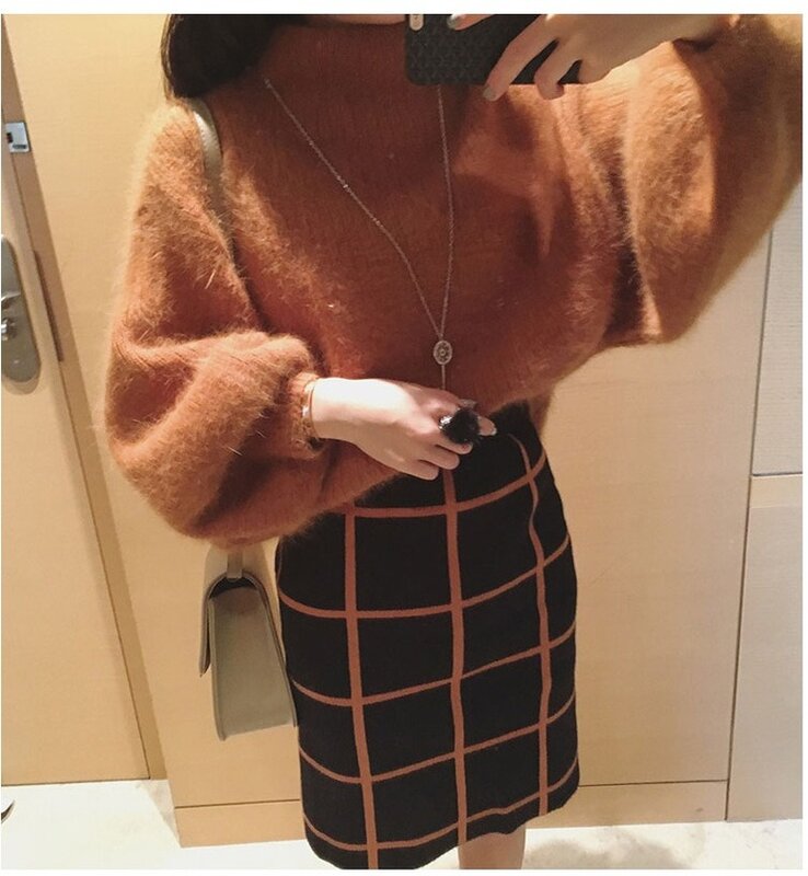 2023 Fashion Mohair Knitted Casual Loose Sweater Women Solid Color High Neck Lantern Sleeve Pullover Sweater