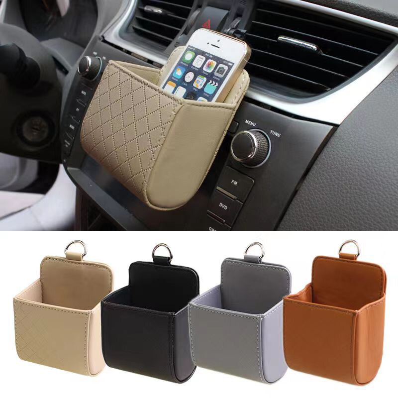กระเป๋าเก็บของในรถยนต์สามารถแขวนช่องระบายอากาศที่ยึดโทรศัพท์กล่องเก็บของแบบตะเข็บติดรถยนต์ภายในรถ