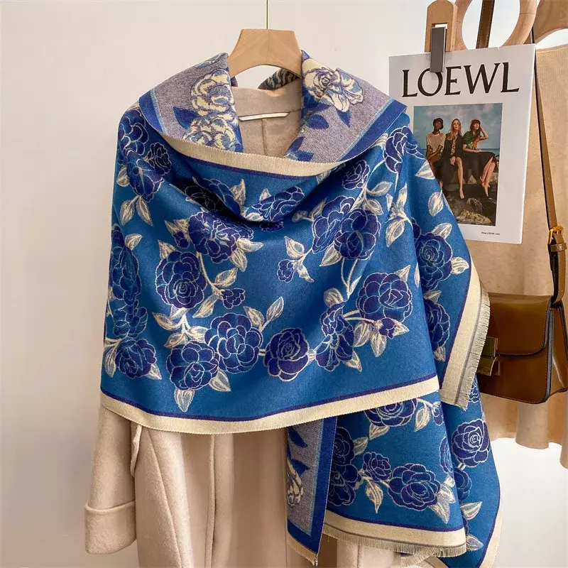 Роскошный зимний кашемировый шарф с цветочным рисунком для женщин, дизайнерское толстое одеяло, пончо, теплая шаль из пашмины, женские шарфы, 2022