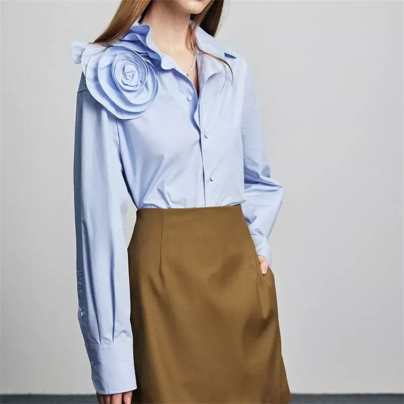 Chemise bleu clair imbibée de fleurs 3D pour femmes, vêtements de travail pour dames, manteau élégant, tenue féminine, 1 pièce