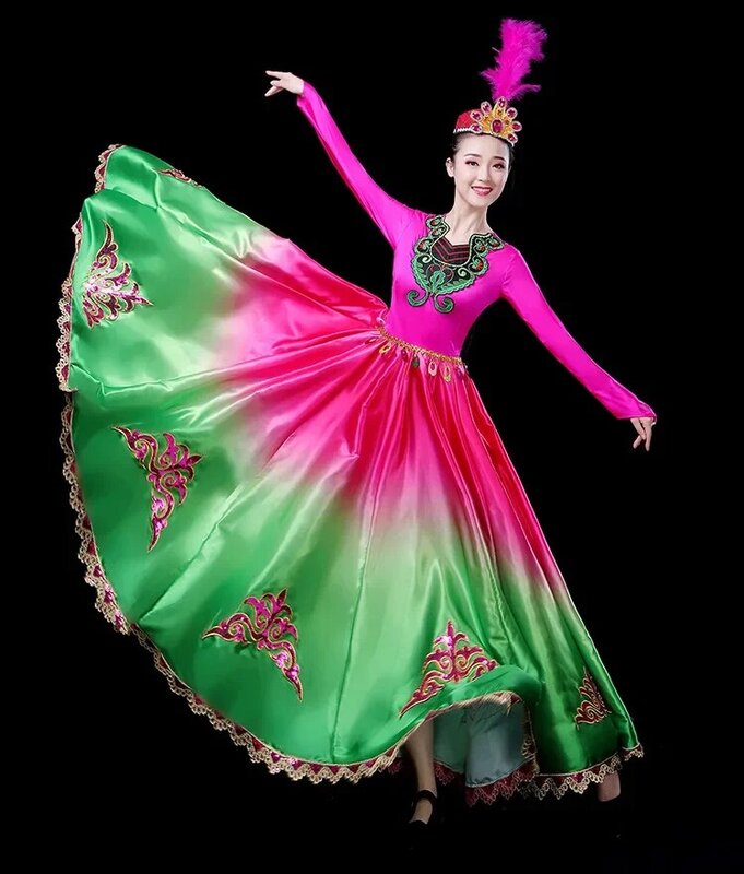 Vestido estilo étnico para mulheres, saia grande, vestimenta de dança folclórica chinesa, traje de dança indiana, roupa de palco de ano novo