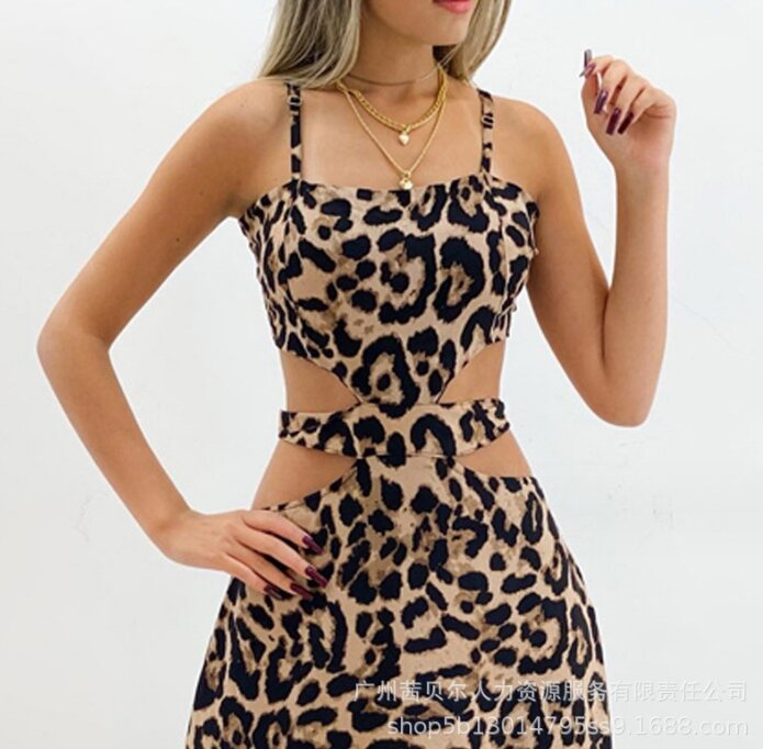 Vestido sexy com estampa de leopardo feminino, oco, sem dormir, saia longa, gola em forma de V, férias, saia média, primavera, verão, 2024