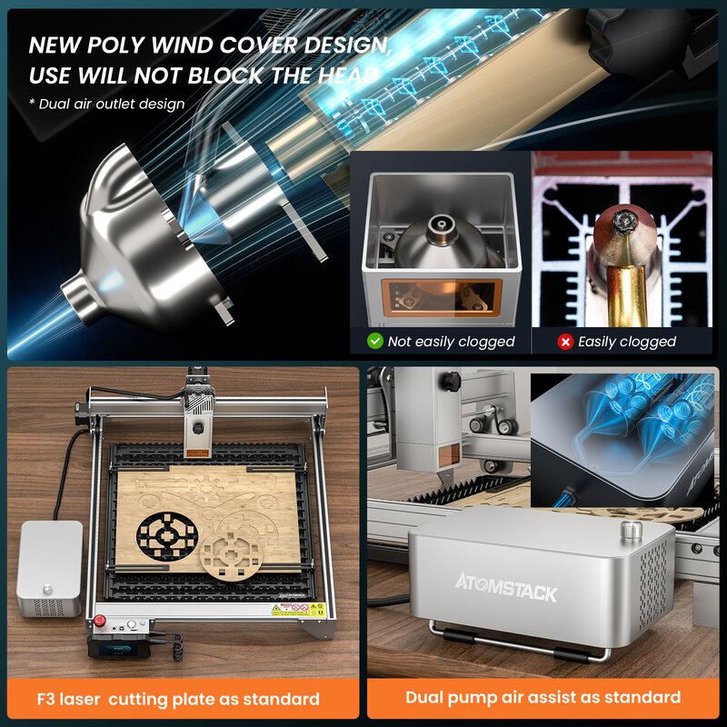 Máquina de corte AtomStack Laser Engraver, S30 Pro, A30, X30 Pro, Saída óptica 33W, Dual Air Assist, Controlo App, Gravação Offline