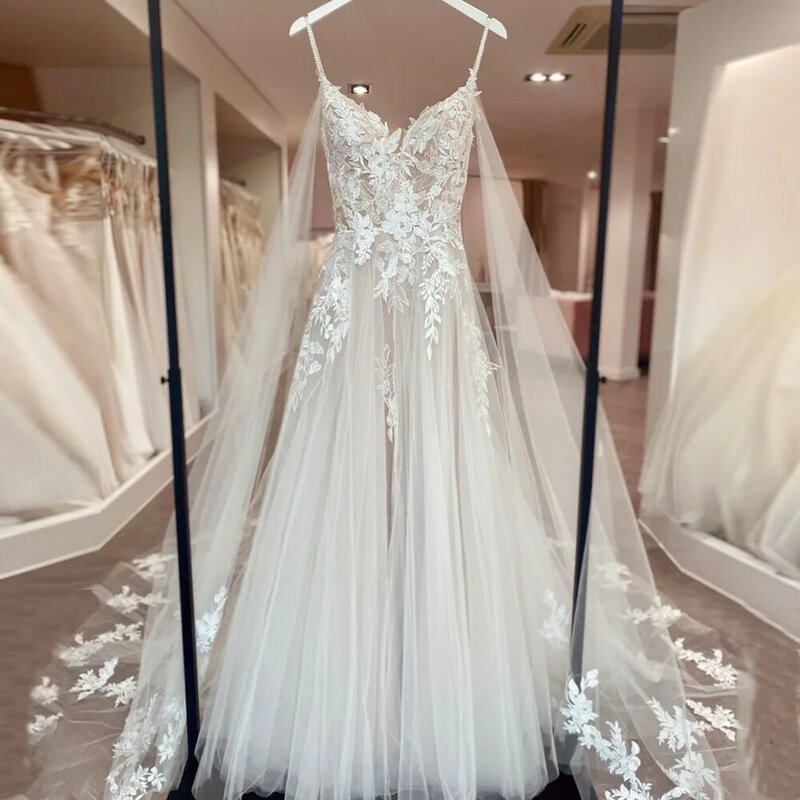 Boho Lace Applique vestidos de casamento femininos, vestidos de noiva longos, elegante vestido de noiva, luxo, 2023