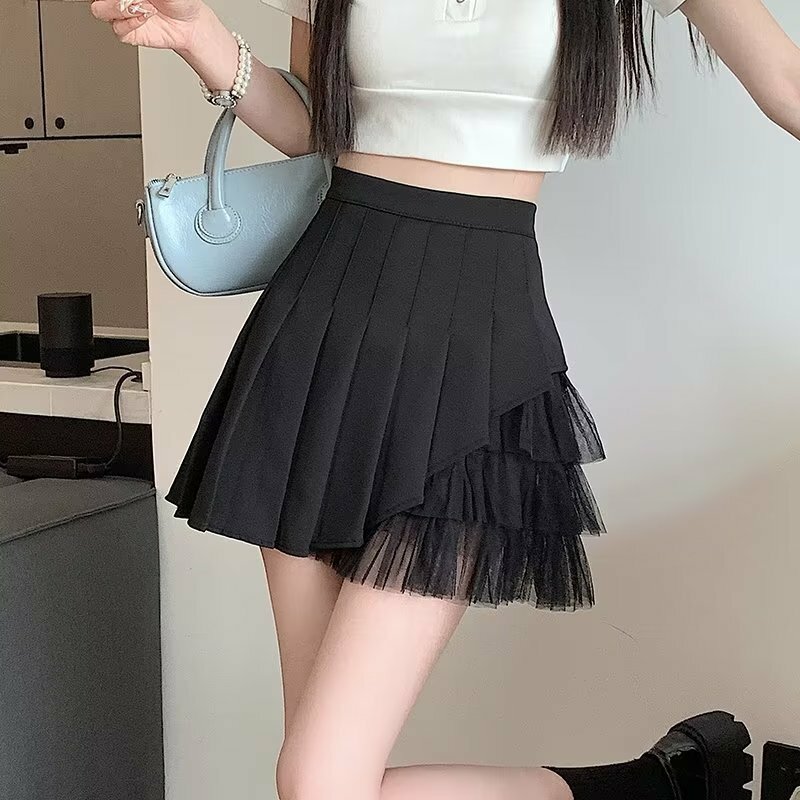 Woman Mesh Patchwork Fashion Pleated Mini Skirt High Waist Summer Female Kawaii Micro Girls Short Streetwear Student Skirts Q872