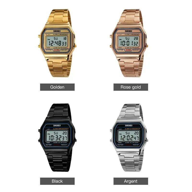 SKMEI นาฬิกาข้อมือสแตนเลสสำหรับผู้ชาย, นาฬิกาข้อมือ Jam Tangan Sport lampu belakang จอแสดงผลดิจิตอล3Bar กันน้ำ