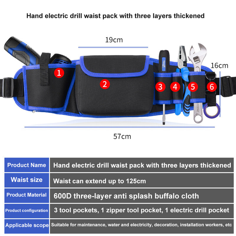 Multifunctional Oxford Cloth Thickened Electric Tool Pocket Maintenance Aerial Work Long Pocket Portable Tool Pocket
