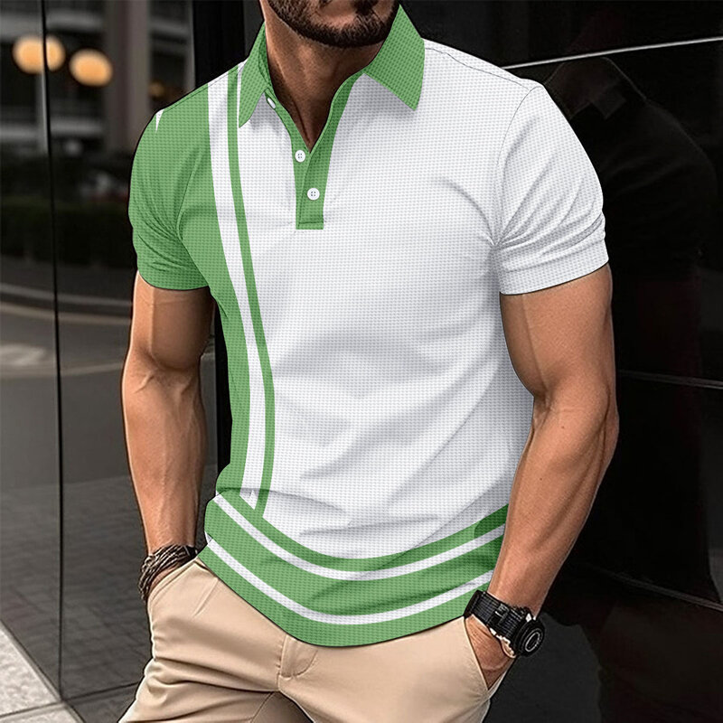 Polo de manga corta con solapa para hombre, camisa deportiva con estampado de botones, color de negocios, moda de verano