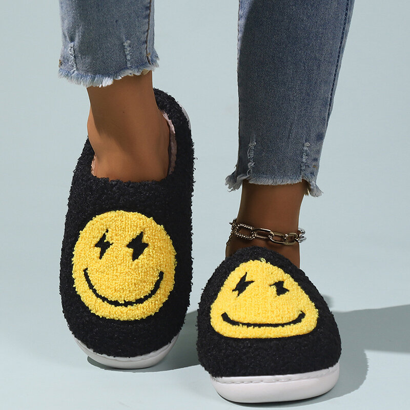 Cartoon Yellow Smile Slippers Women 2023 Winter Soft Sole Fluffy Fur Slippers Woman Flat Heels Plush Bedroom Home Cotton Shoes