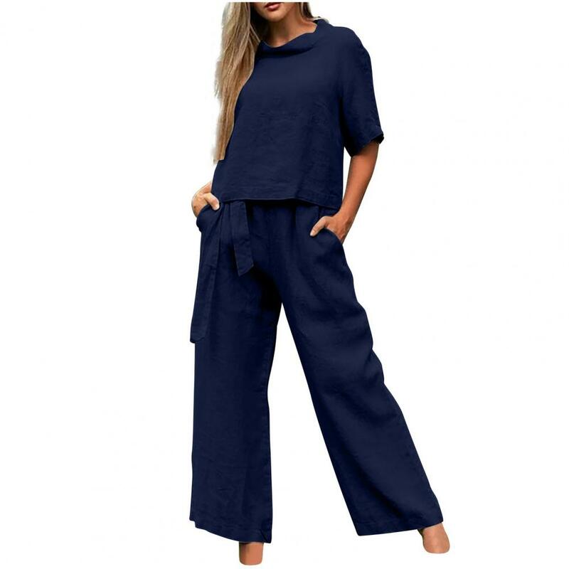 Комплект из 2 предметов: блузка и штаны с круглым вырезом, топ с коротким рукавом и широкие свободные брюки, повседневная домашняя одежда