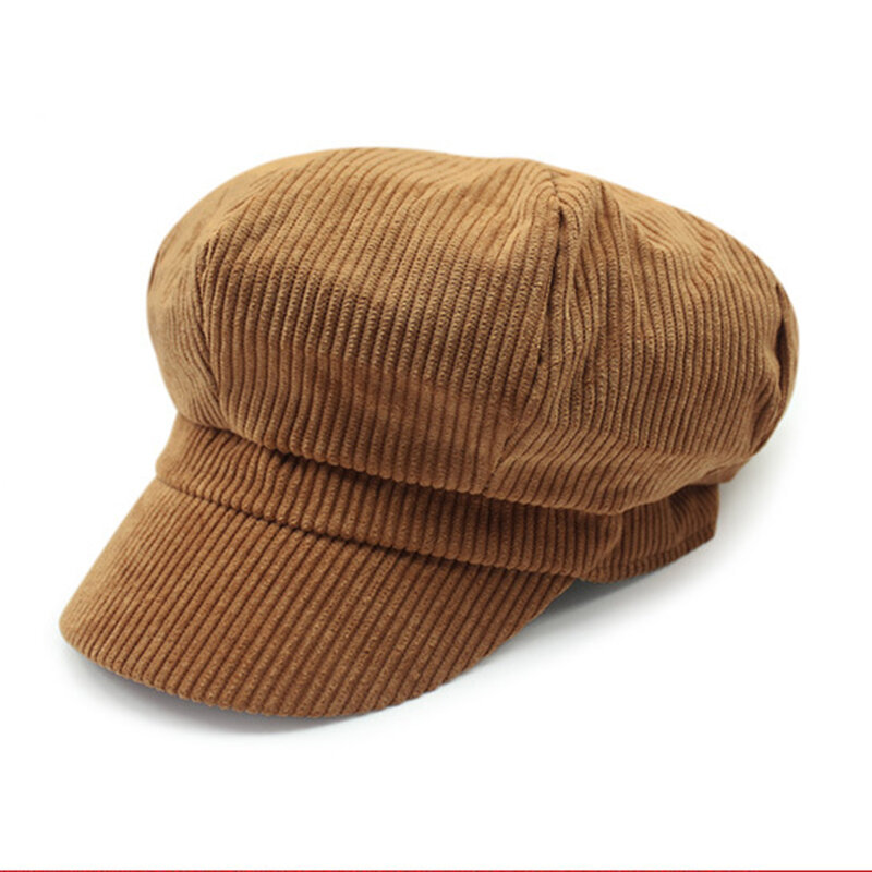 Topi baret Corduroy Retro 70s wanita, topi baret Cabbie Gatsby, topi topi baret oktagonal Solid untuk wanita
