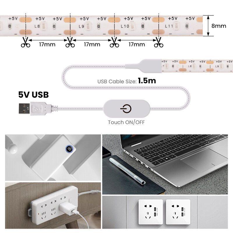 5V USB LED Strip Lights SMD 2835 60leds/m impermeabile dimmerabile flessibile tira led Tape Kitchen Cabinet Light bianco caldo bianco blu