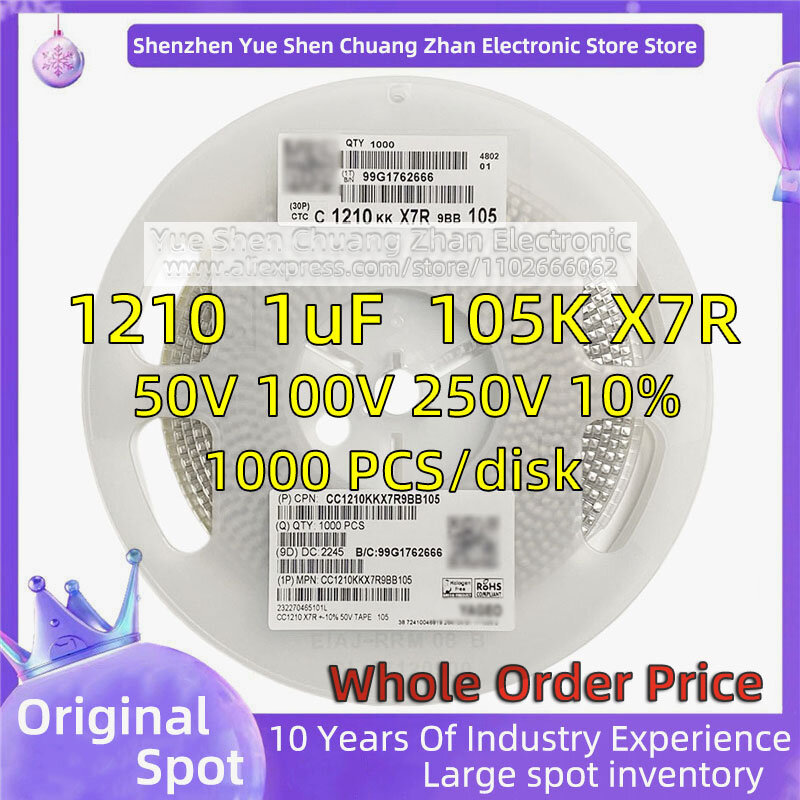 【Hele Schijf 1000 Pc 'S 3225 Patch Condensator 1210 1Uf 105K 50V 100V Fout 10% Materiaal X7r Echte Condensator