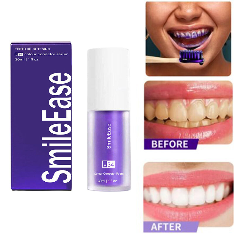 Baru 30ml V34 ungu pemutih nafas segar mencerahkan pasta gigi menghilangkan noda mengurangi kuning perawatan mulut untuk gigi gusi perawatan mulut