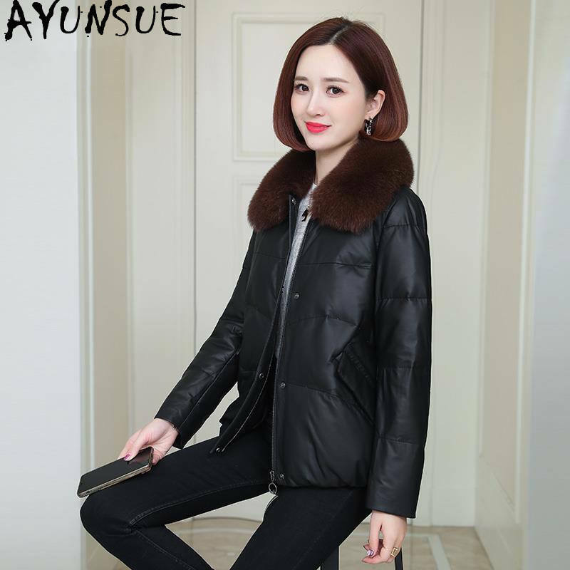 AYUNSUE-Jaqueta de couro real para mulheres, casaco de pele de carneiro genuíno, gola de pele raposa, casacos casuais pretos para inverno