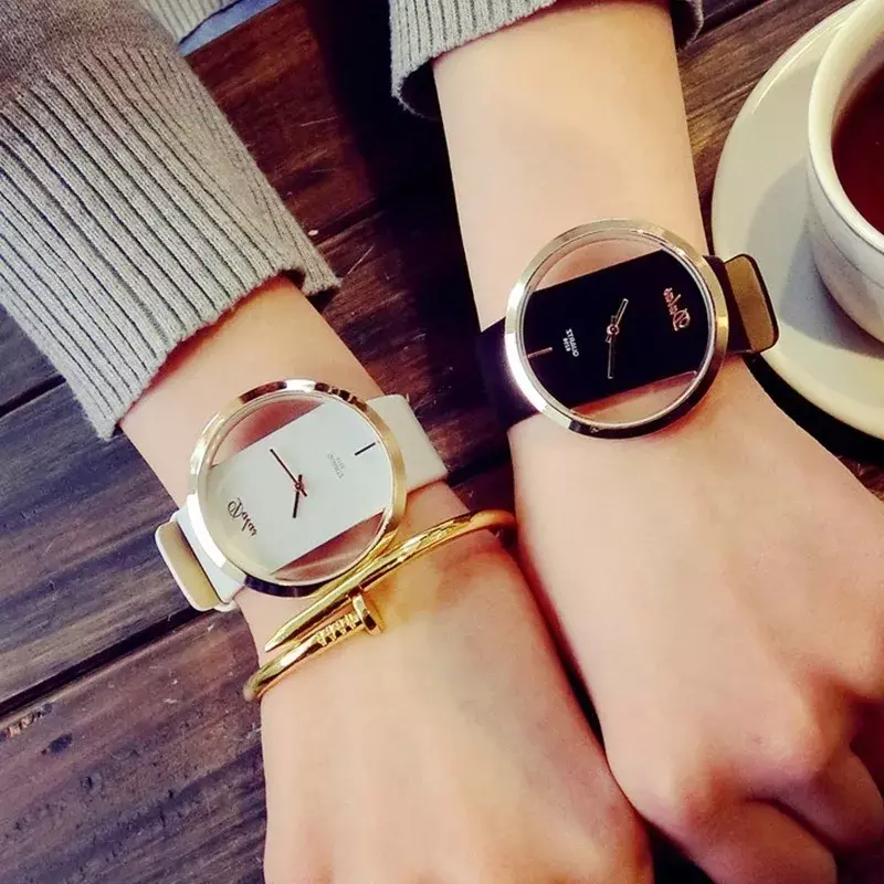 여성용 럭셔리 가죽 손목 시계, 스켈레톤 스트랩 원피스 시계, 캐주얼 쿼츠 스테인레스 스틸 시계