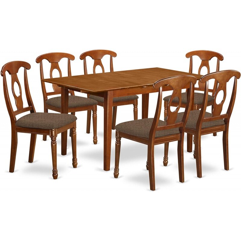 East West Furniture PSNA7-SBR-C, 7 buah Set Dinette terdiri dari meja kamar persegi panjang dengan daun kupu-kupu dan 6 kain Linen Uph