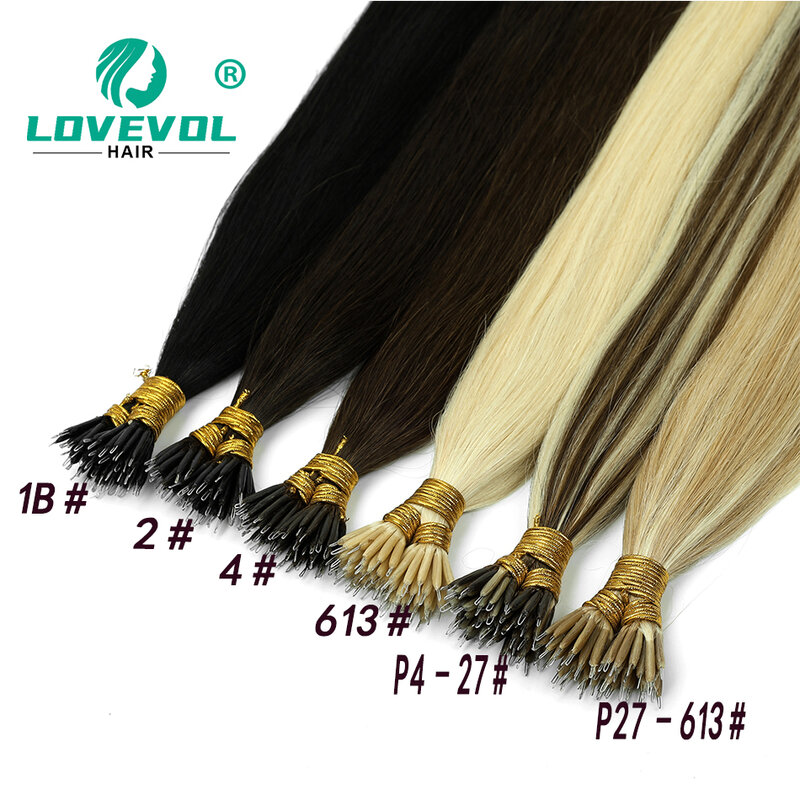 Lovevol-本物の髪の毛のエクステンション,ナノビーズ,厚い天然の滑らかで,サロン用のフルヘッド,1g,100%