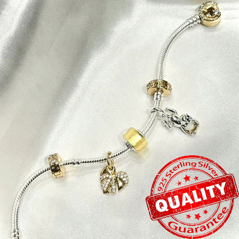 Luxury 925 Sterling Silver Sparkling Monstera Leaf & Two-tone Spinning Wheels Bicycle For Gold Dangle Charm Fit Pandora Bracelet