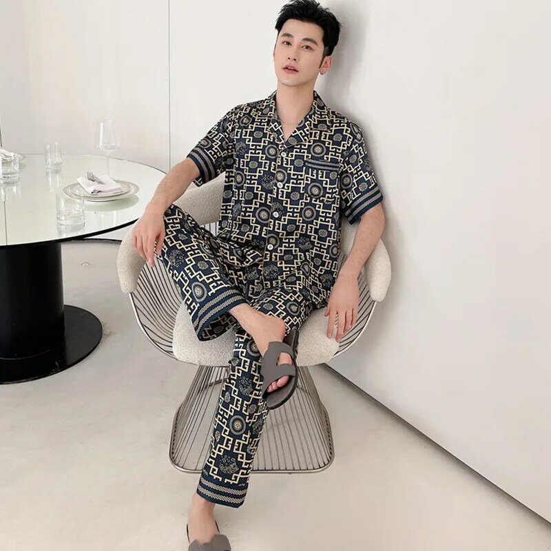 2024 Summer New Arrival Pajamas Men's Thin Ice Silk Short-Sleeved Trousers Simple Suit Plus Size Casual Home Clothes