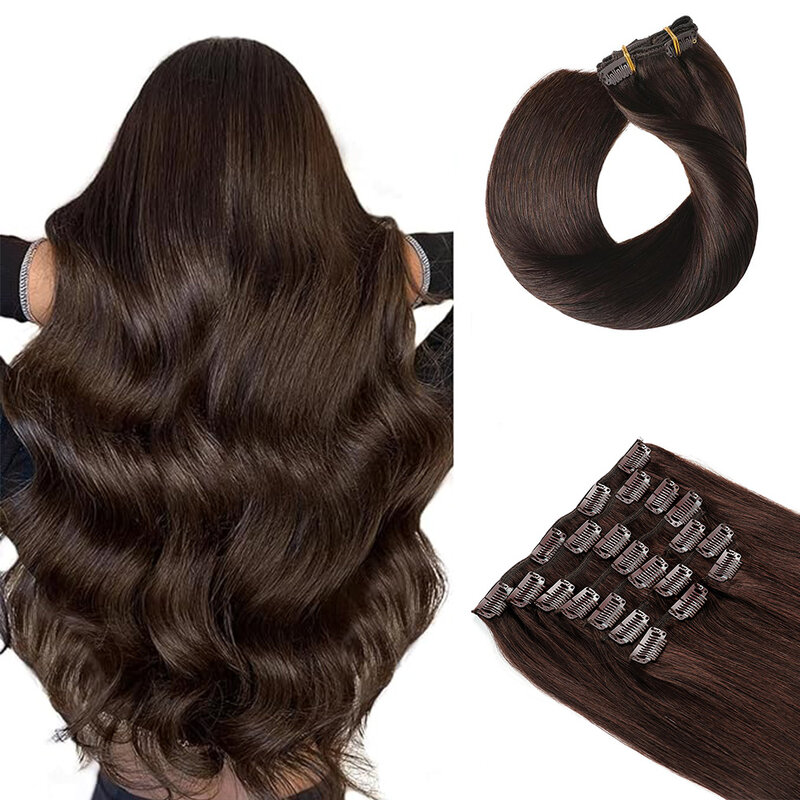 Clip in Hair Extensions Remy Hair Straight Brazilian Seamless Clip in Human Hair Extensions 10PCS/PACK 24 Inch 160g Dark Brown#2