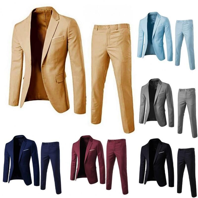 Мужской деловой костюм с пиджаком и брюками, однотонный костюм с отложным воротником на одной пуговице, повседневная одежда, 1 комплект