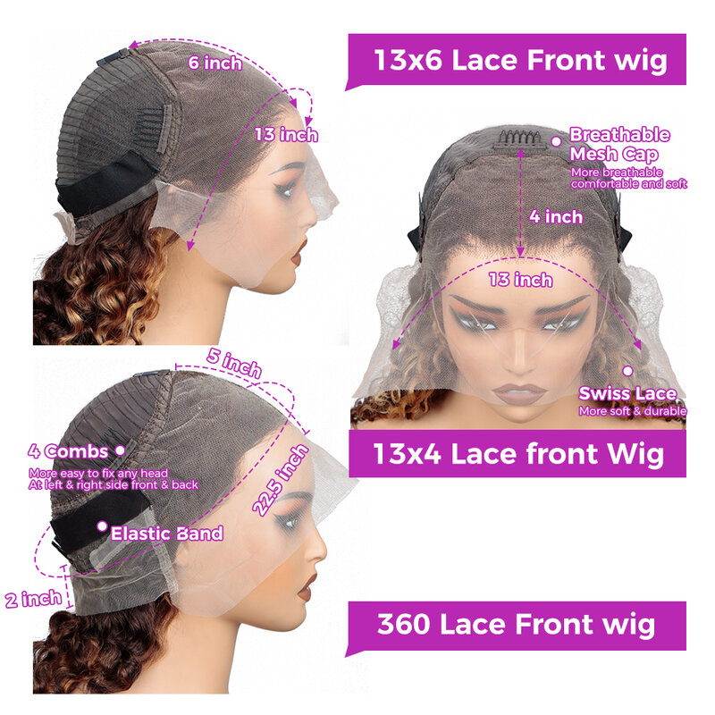 Perruque Lace Highlight Wig sans colle naturelle, cheveux bouclés, couleur blond miel, 13x6, 13x4, HD, Deep Wave, 360