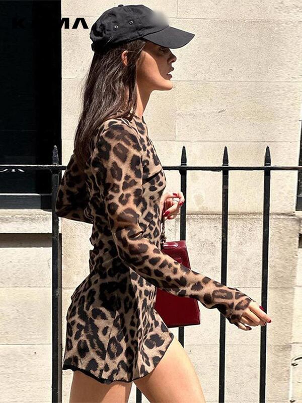 Sexy Leopard Print Mini Dress For Women Simple Round Neck Long Sleeves Slim Vestidos 2024 Female Fashion High Streetwear