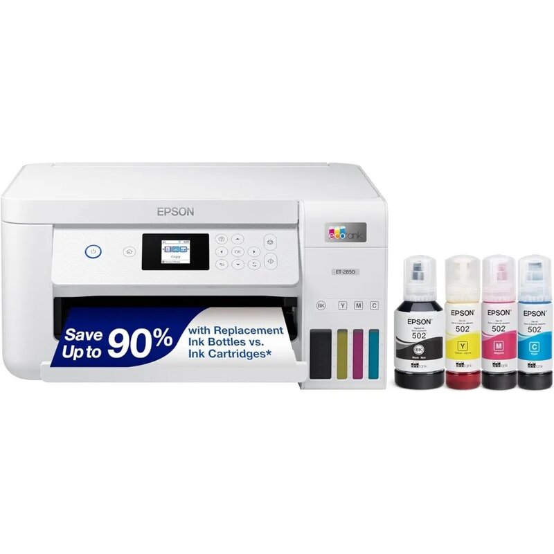 EcoTank ET-2850 Bezprzewodowa kolorowa drukarka typu „wszystko w jednym” bez wkładu z skanowaniem, kopiowaniem i automatycznym 2-stronnym nadrukiem — biała