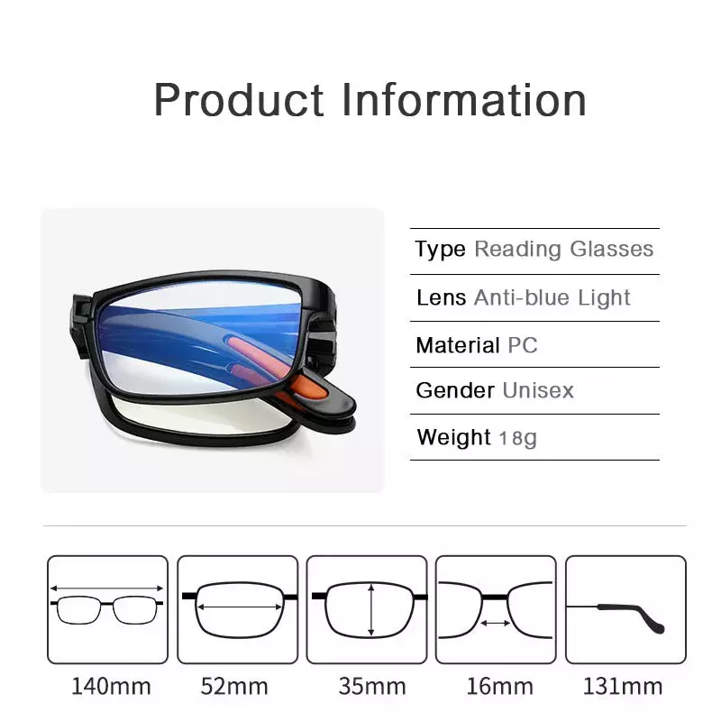 Óculos de leitura dobráveis com caixa para homens e mulheres, luz anti-azul, óculos portáteis, TR90, dioptrias, + 1.0, + 1.5 a + 4.0