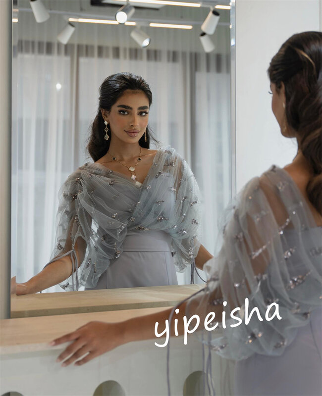 Jiayigong Jersey manik-manik selebriti A-line leher V Bespoke gaun acara panjang es Saudi Arabia