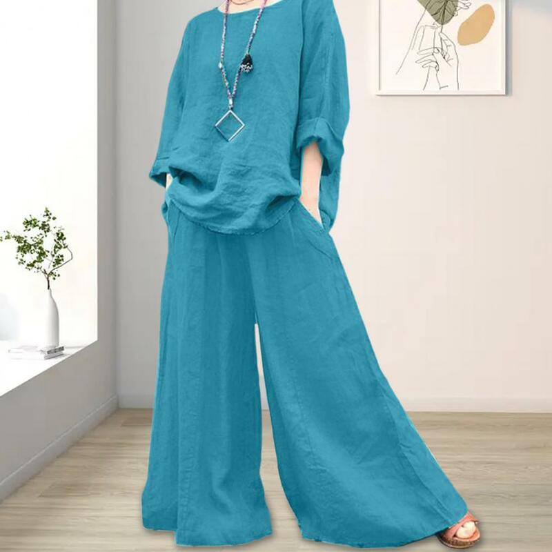 Lightweight T-shirt Pants Suit Stylish Mid-aged Women's Top Culottes Set with Loose T-shirt Wide Leg Pants Plus Size for Comfort
