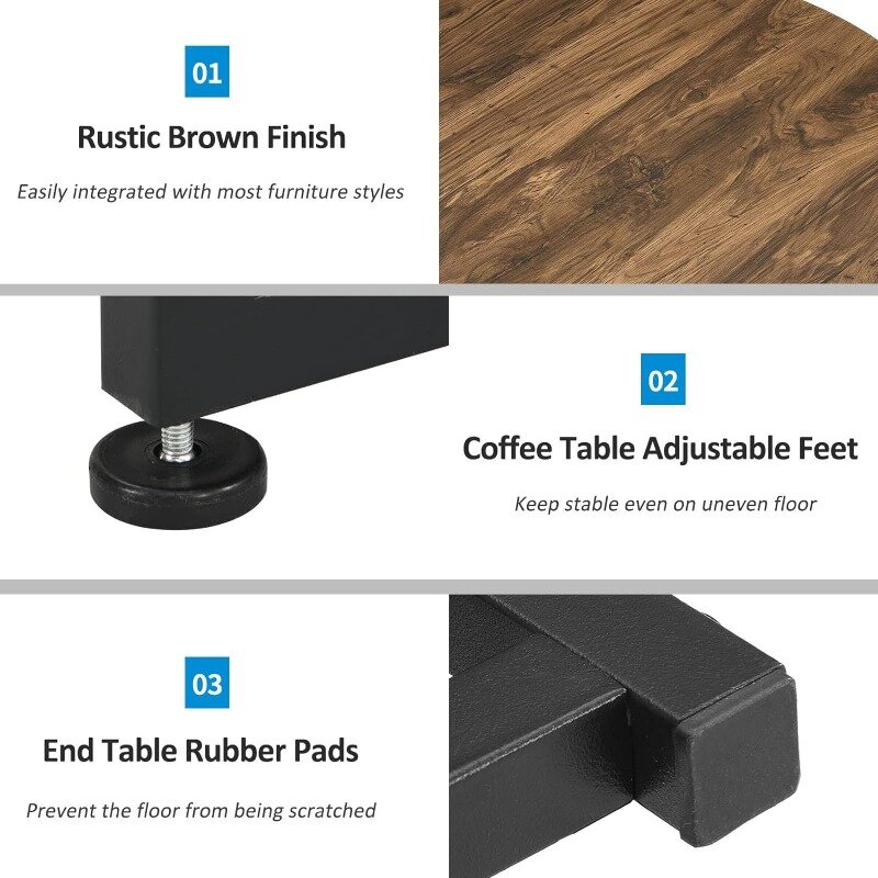 Josmore ชุดโต๊ะกาแฟ3ชิ้น, โต๊ะกาแฟกลมอุตสาหกรรมพร้อมโต๊ะข้างสี่เหลี่ยม2โต๊ะห้องนั่งเล่นขนาดเล็กทันสมัย