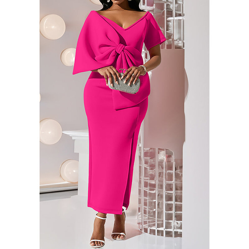 Plus Size Pink Daily V Neck Elegant Split Bow Maxi Dresses