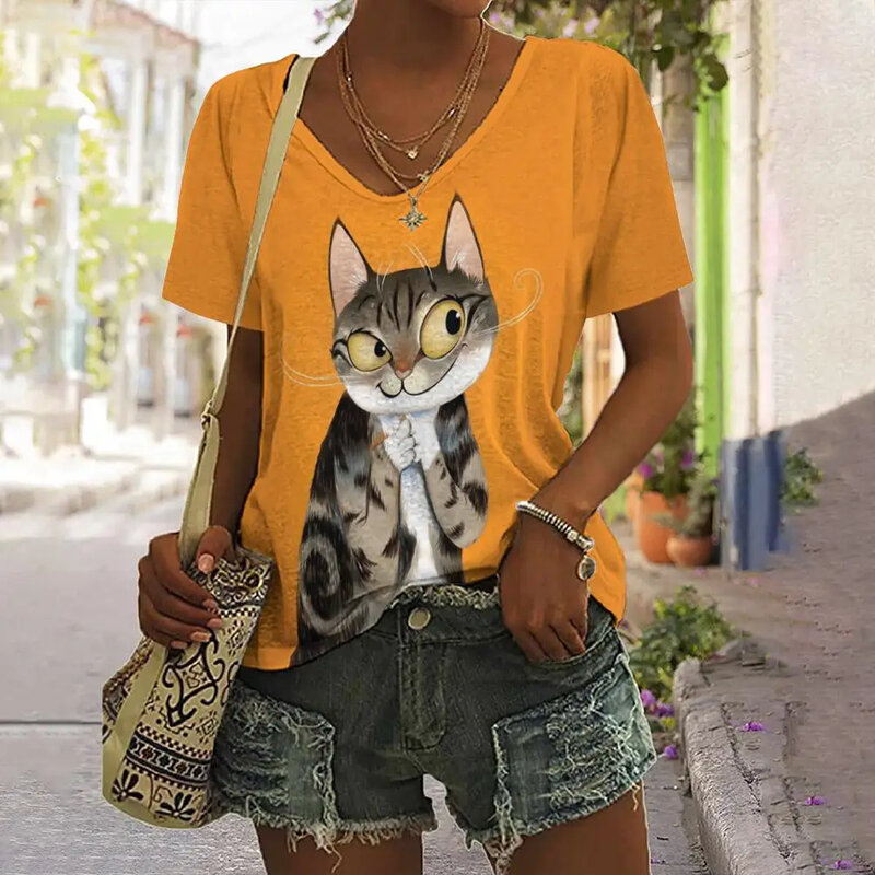 T-shirt wanita motif hewan 3D kasual lucu kaos lengan pendek Pullover musim panas V-neck atasan untuk pakaian wanita pakaian jalanan longgar