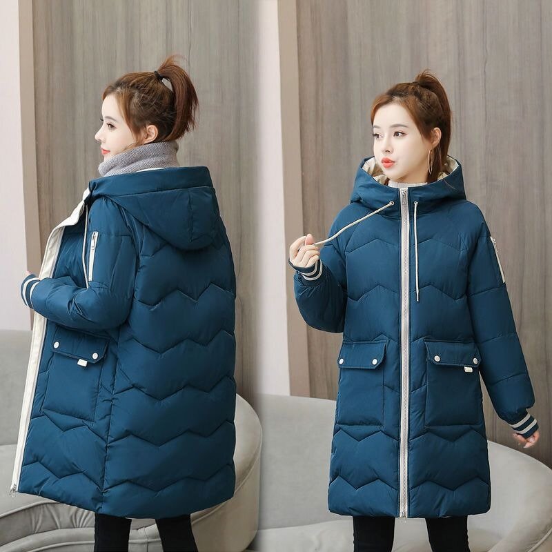 2023 New Women Down Cotton Coat Winter Jacket Female Mid-length Thicken Parkas Hooded Loose Outwear Minimal Commuting Overcoat