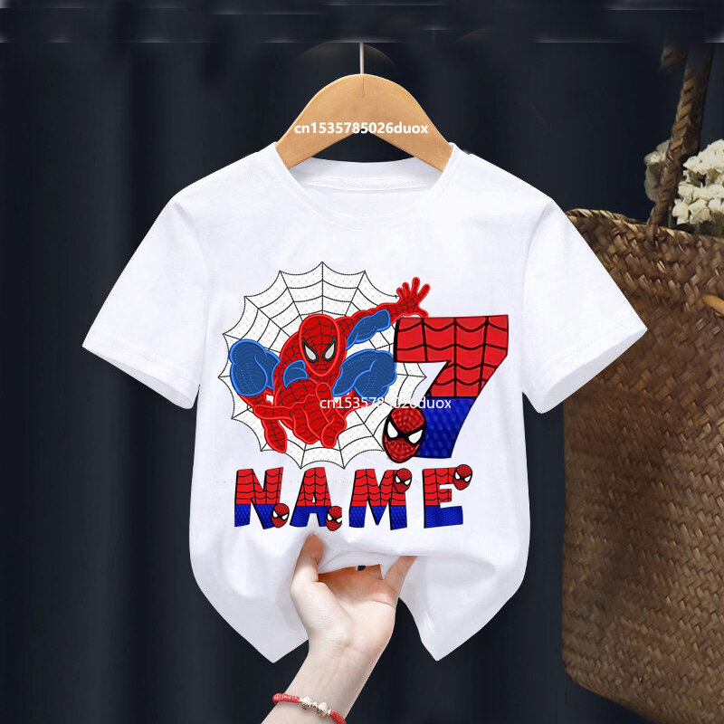 Letnia indywidualny nadruk imienia Spiderman solenizant biała koszulka z krótkim rękawem dla dzieci 2 3 4 5 6 7 8 9 koszule urodzinowe dla pająka