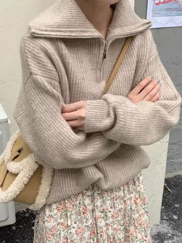 Женская водолазка на молнии, модные женские свитера, однотонный Свободный пуловер, повседневный вязаный свитер с длинным рукавом для женщин, зима 2024