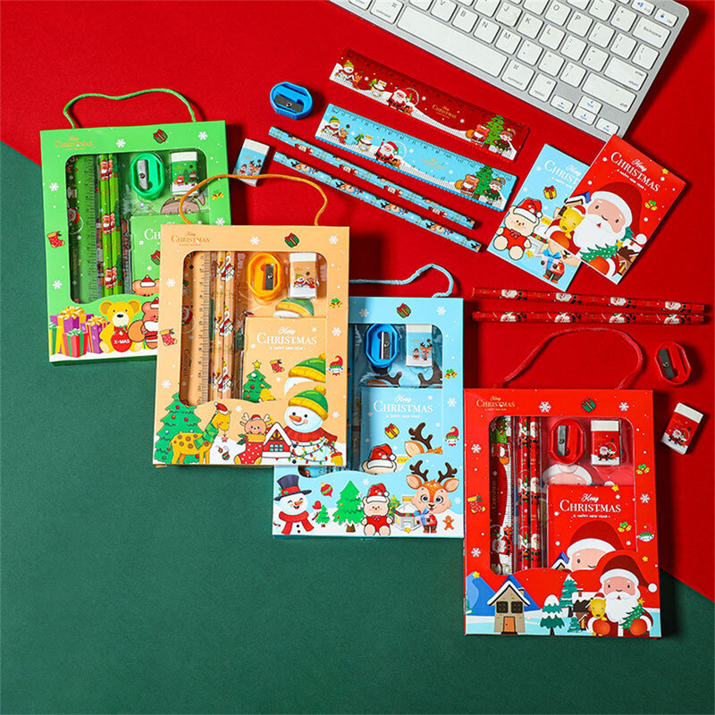 Christmas Stationery Set para Crianças, Lápis, Borracha, Régua, Faca, Bloco de Notas, Cartoon Gift, Material Escolar, 6Pcs por Conjunto