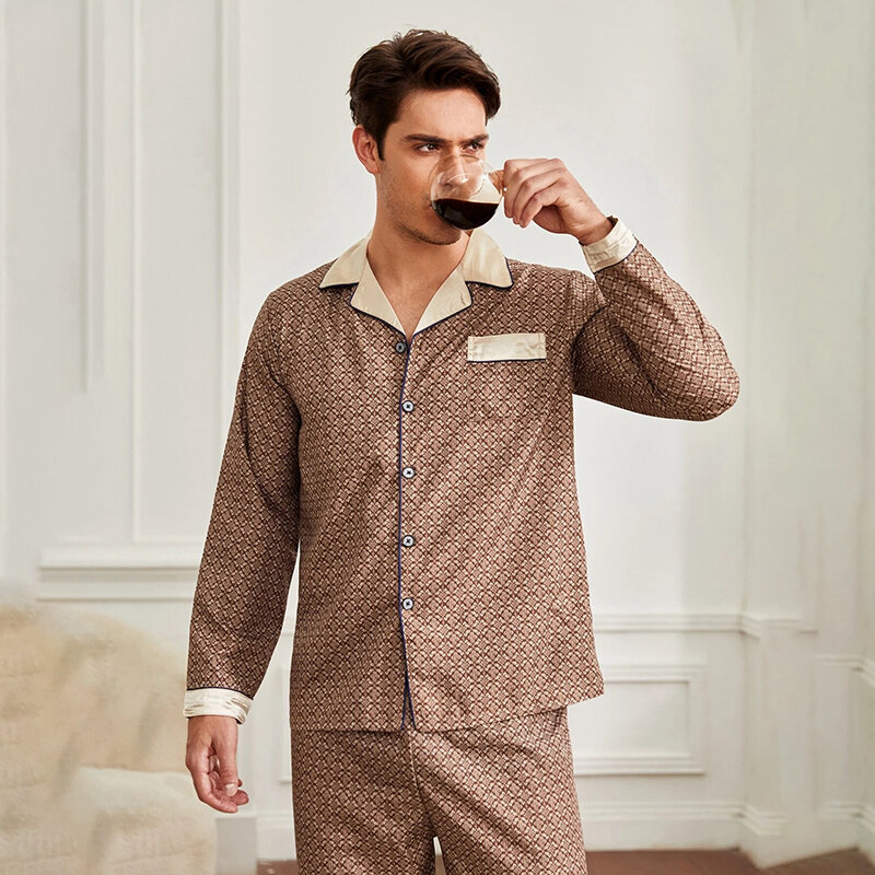 Весенне-осенние мужские пижамные комплекты, Шелковая пижама с длинными рукавами, ледяная шелковая ткань, домашняя одежда, Пижамный костюм, домашняя одежда